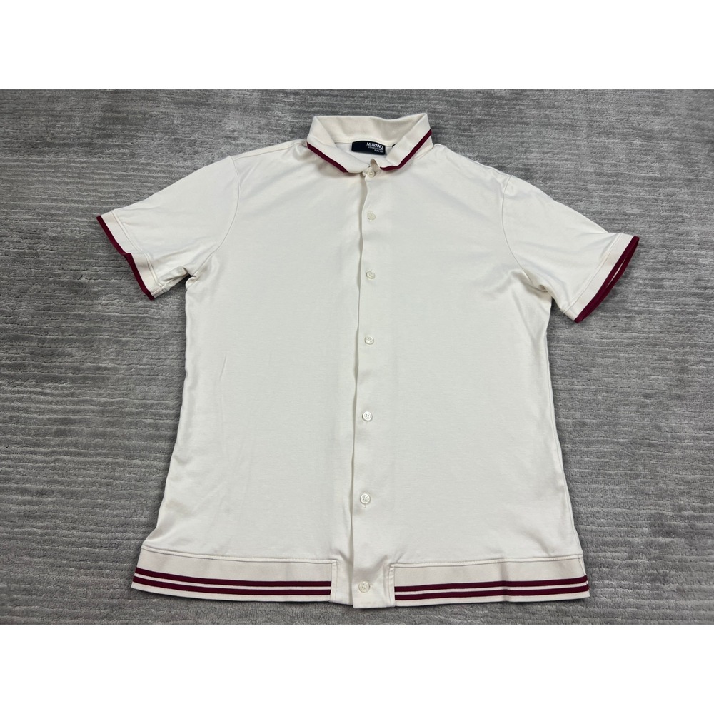 Murano Button Up Shirt Mens L Cream Liquid Luxury Slim Fit Short Sleeve Tipped
